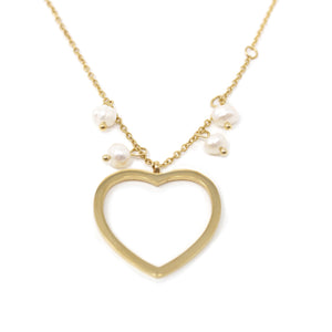 Stainless Steel Outline Heart with Pearls Gold Plated Necklace - Mimmic Fashion Jewelry
