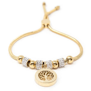 Stainless Steel Pave Tree of Life Adjustable Bracelet Gold Plated - Mimmic Fashion Jewelry