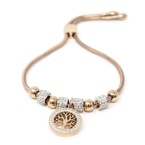 Stainless Steel Pave Tree of Life Adjustable Bracelet Rose Gold Plated - Mimmic Fashion Jewelry