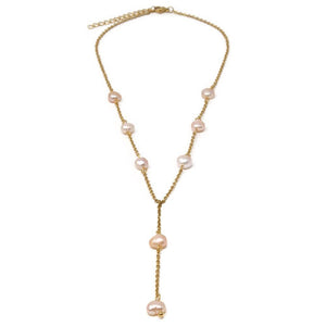 Stainless St Pearl Station Lariat Neck Gold Pl - Mimmic Fashion Jewelry