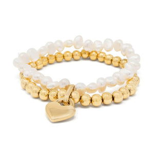 Stainless Steel Pearl Stretch Bracelet with Heart Charm Gold Plated - Mimmic Fashion Jewelry