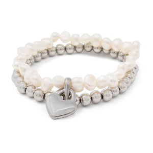 Stainless ST Pearl Stretch Bracelet W Heart Charm - Mimmic Fashion Jewelry