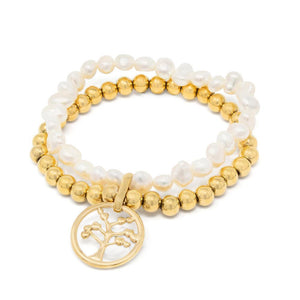 Stainless Steel Pearl Stretch Bracelet with Tree of Life Charm Gold Plated - Mimmic Fashion Jewelry