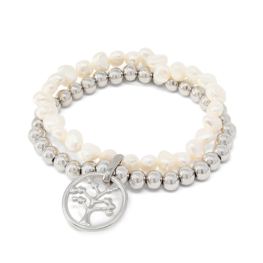 Stainless Steel Pearl Stretch Bracelet with Tree of Life Charm - Mimmic Fashion Jewelry