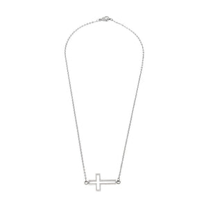 Stainless Steel Rolo Necklace with Horizontal Open Cross 16 Inch - Mimmic Fashion Jewelry