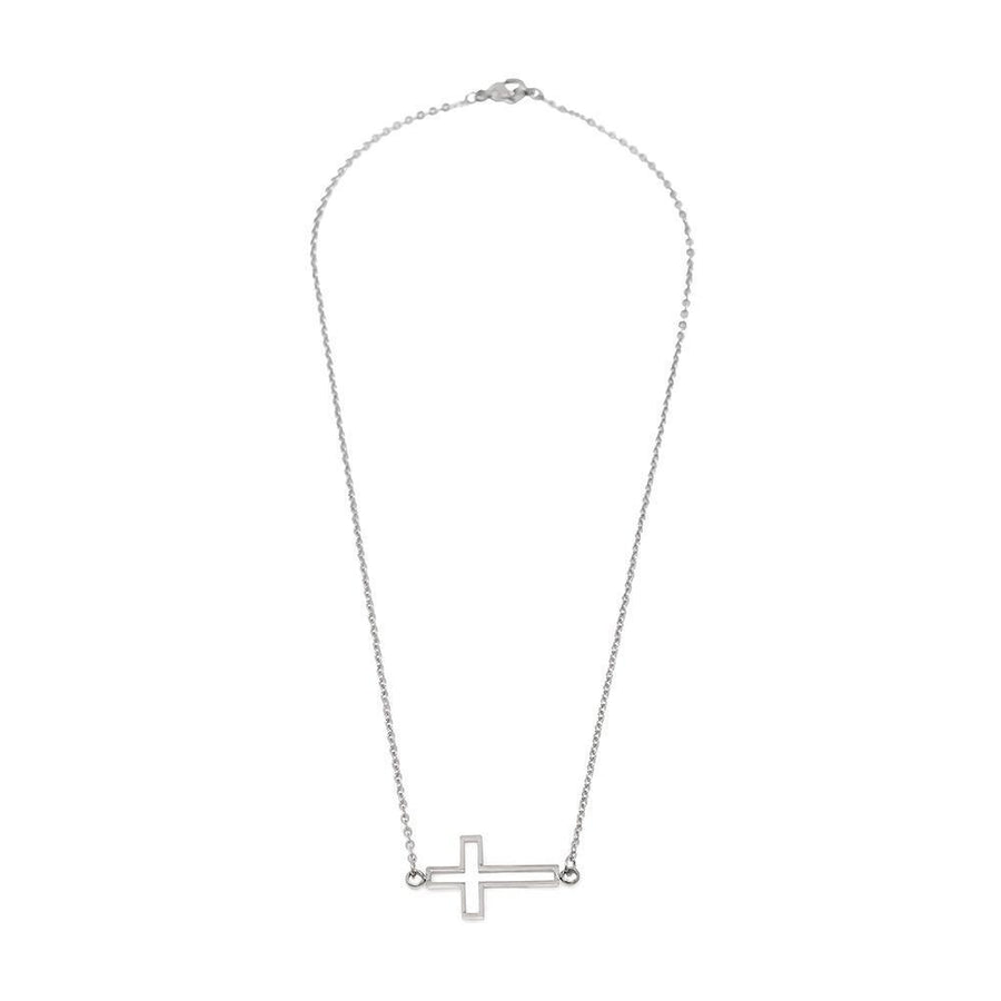 Stainless Steel Rolo Necklace with Horizontal Open Cross 16 Inch - Mimmic Fashion Jewelry