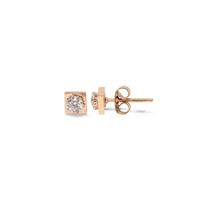 Stainless Steel Rose Gold Plated Square Stud With Round Crystal Earring - Mimmic Fashion Jewelry