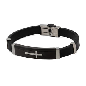 Stainless St Rubber Bracelet Cross Station Black - Mimmic Fashion Jewelry