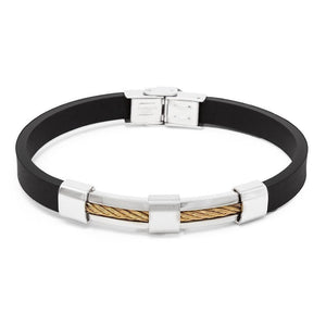 Stainless St Rubber Bracelet Gold Cable Black - Mimmic Fashion Jewelry