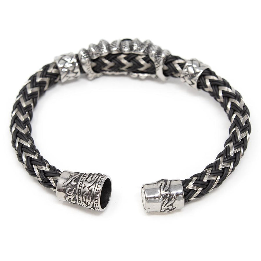 Stainless Steel Rubber Braided Bracelet with Jet CZ - Mimmic Fashion Jewelry