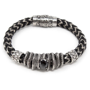 Stainless Steel Rubber Braided Bracelet with Jet CZ - Mimmic Fashion Jewelry
