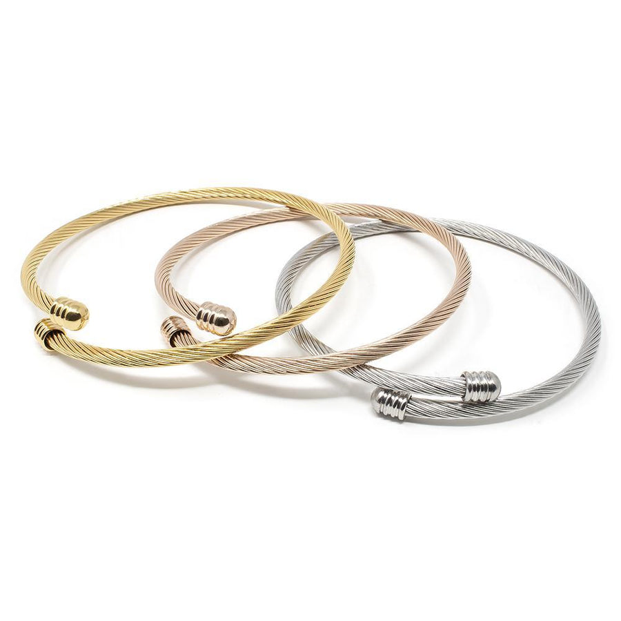 Stainless Steel Set of Three Cable Bangle Three Tone - Mimmic Fashion Jewelry