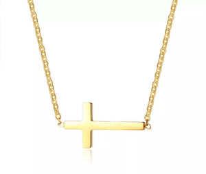 Stainless Steel Sideways Cross Necklace Gold Plated