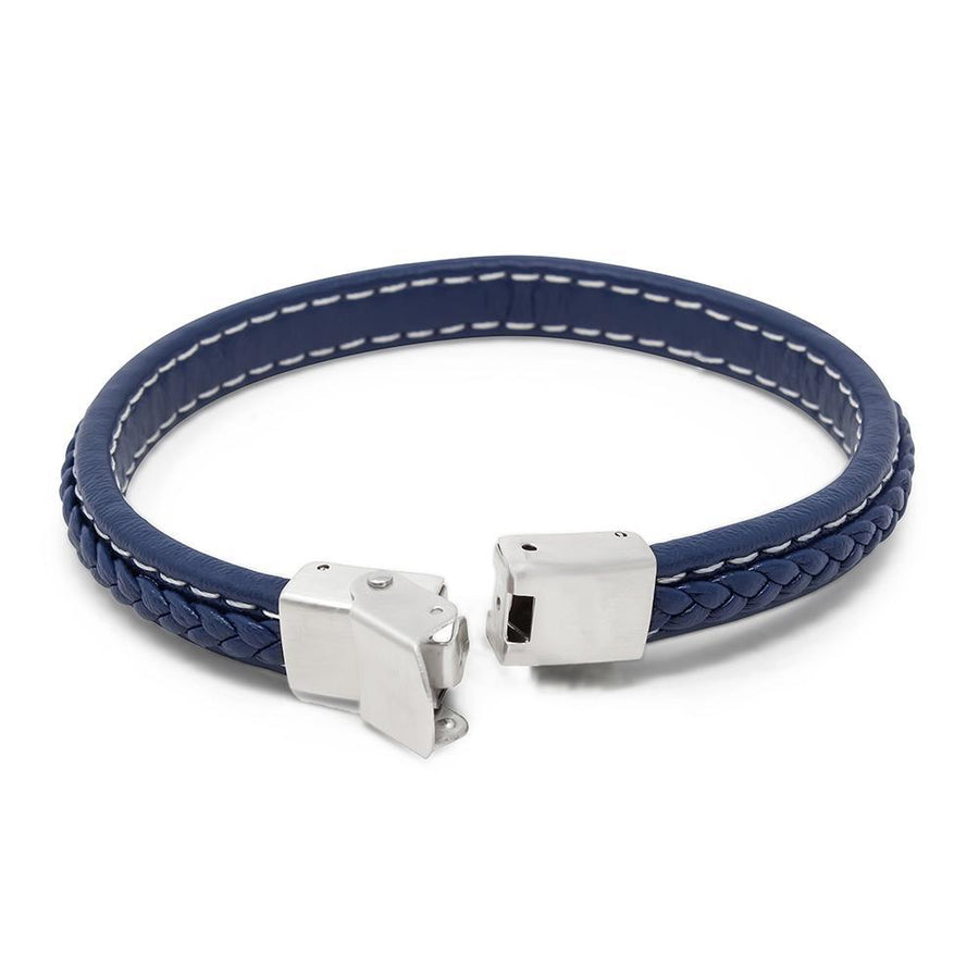 Stainless St Small Braided Leather Bracelet Blue - Mimmic Fashion Jewelry