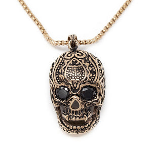Stainless Steel Sugar Skull Pendant Necklace Gold Plated - Mimmic Fashion Jewelry