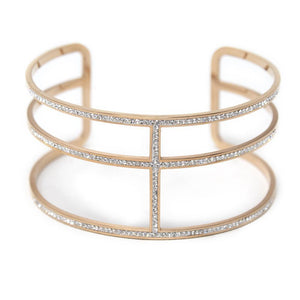 Stainless St 3 Pave Bar Cuff Bracelet Rose Gold Pl - Mimmic Fashion Jewelry
