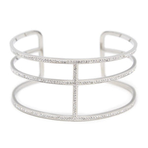 Stainless Steel Three Pave Bar Cuff Bracelet - Mimmic Fashion Jewelry