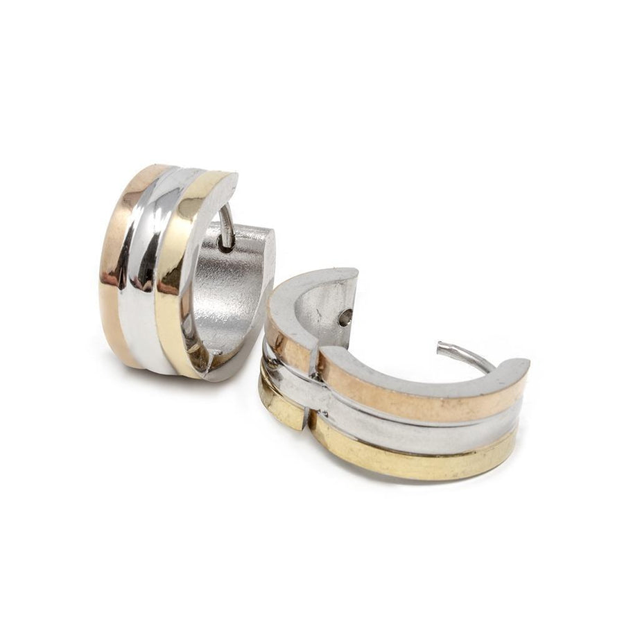 Stainless Steel Three Tone Huggie Earrings - Mimmic Fashion Jewelry