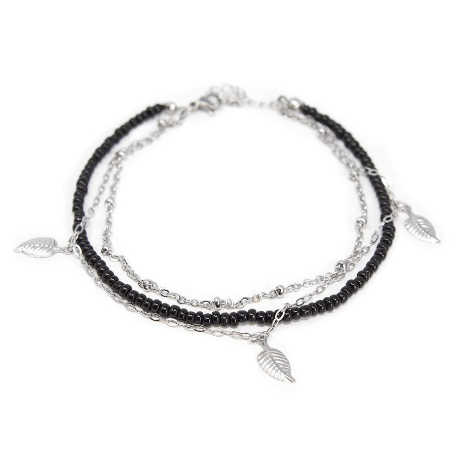 Stainless Steel Two Row Beaded Anklet with Leaf Charm - Mimmic Fashion Jewelry