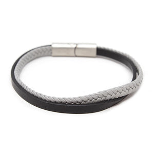 Stainless Steel Two Row Braided Leather Bracelet Black and Grey - Mimmic Fashion Jewelry