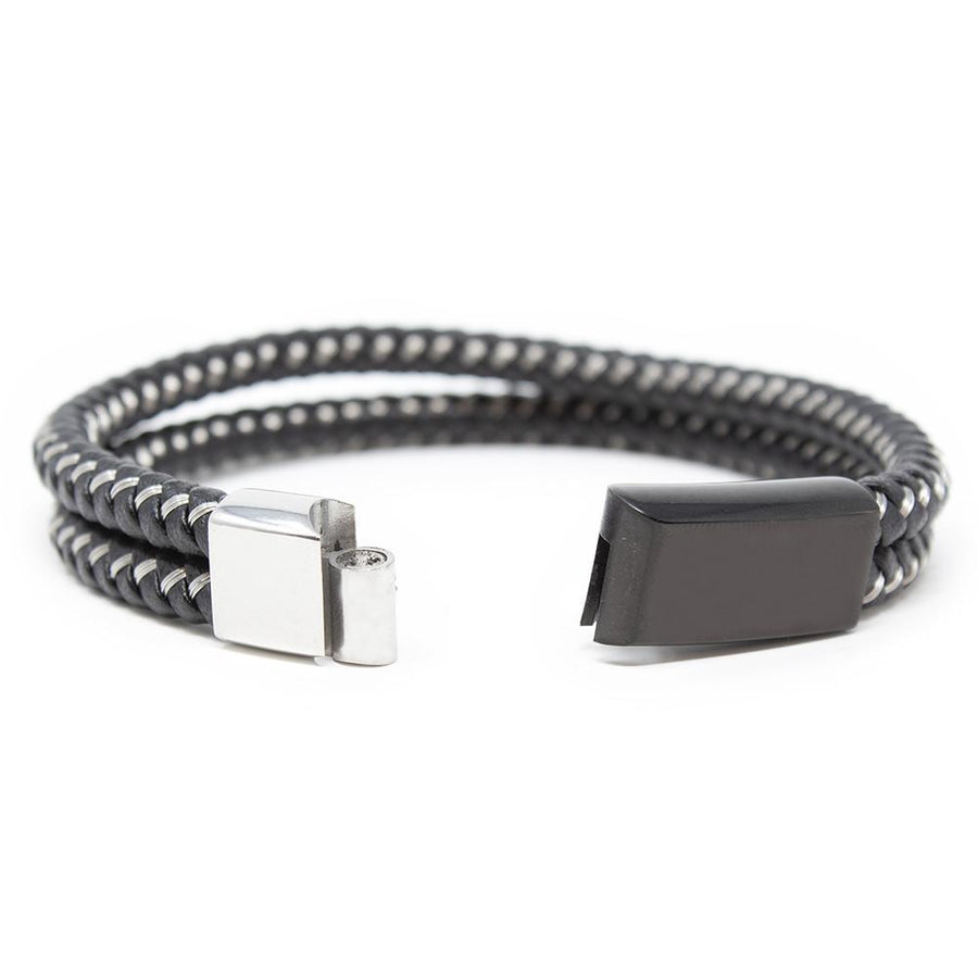 Stainless Steel Two Row Braided Leather Wire Bracelet Black Silver - Mimmic Fashion Jewelry