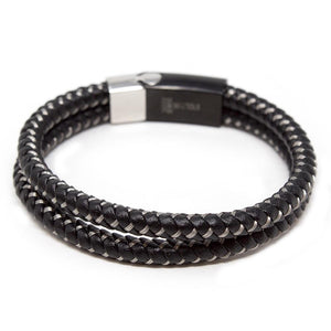 Stainless Steel Two Row Braided Leather Wire Bracelet Black Silver - Mimmic Fashion Jewelry
