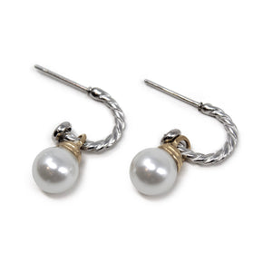 Stainless Steel Two Tone Cable Pearl Ball Earrings - Mimmic Fashion Jewelry