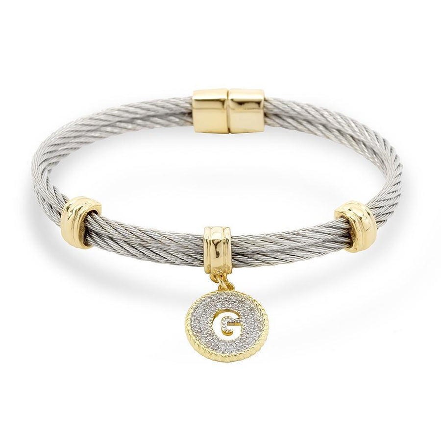 Stainless St 2Tone Wire Bangle CZ -G - Mimmic Fashion Jewelry