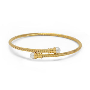 Stainless Steel Wire Bangle Pearl Ends Gold Plated - Mimmic Fashion Jewelry