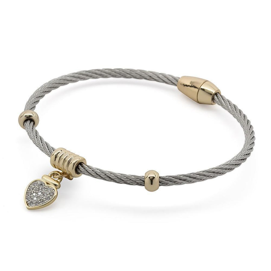 Stainless Steel Wire Bracelet CZ Pave Heart - Mimmic Fashion Jewelry