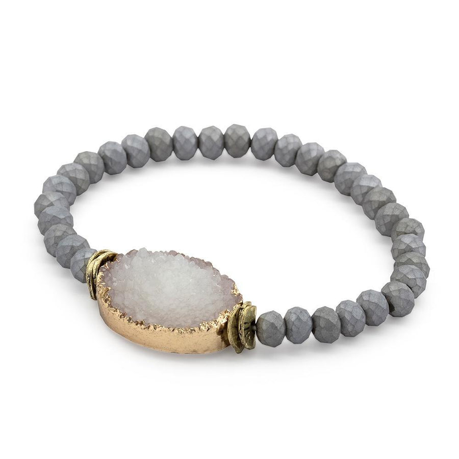 Stone Bead Stretch Bracelet with Druzy Light Grey - Mimmic Fashion Jewelry