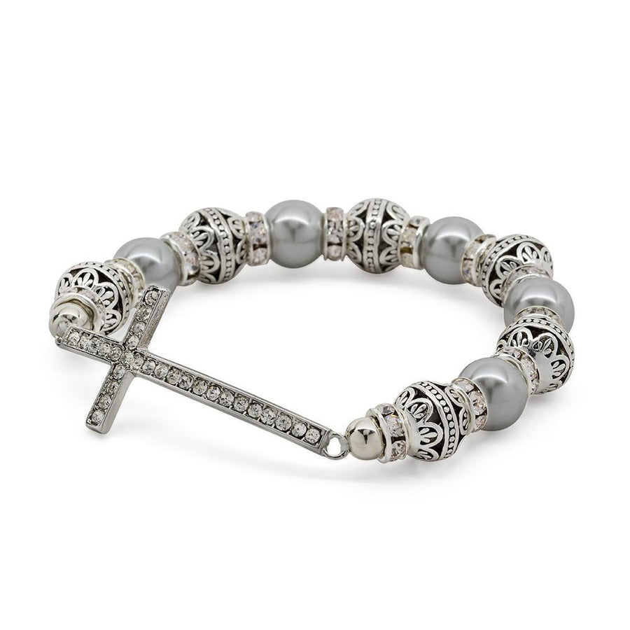 Stretch Bracelet Cross Grey Pearl - Mimmic Fashion Jewelry