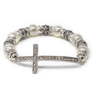 Stretch Bracelet Cross - Pearl Silver Tone - Mimmic Fashion Jewelry