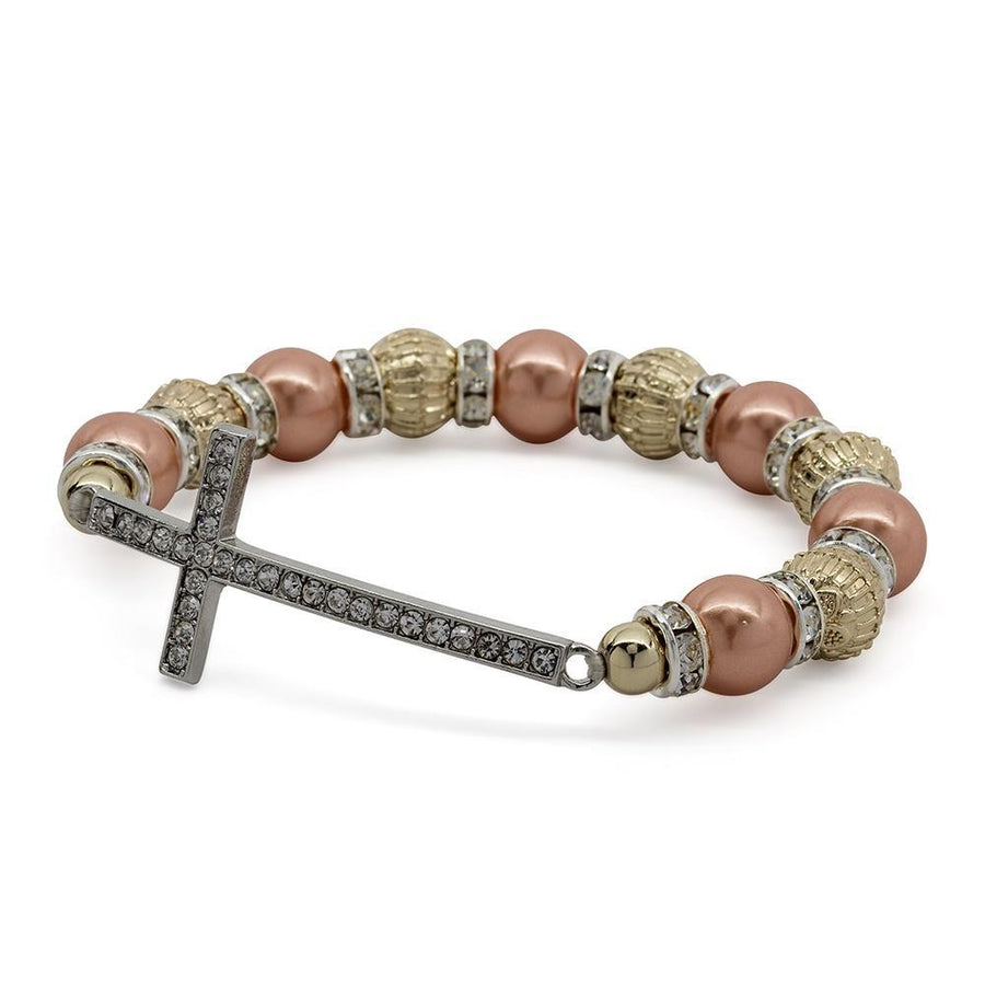 Stretch Bracelet Cross - 3 Tone pearl - Mimmic Fashion Jewelry