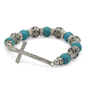 Stretch Bracelet Cross - Turquoise Silver - Mimmic Fashion Jewelry