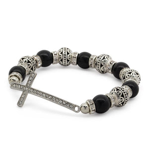 Stretch Bracelet Cross - 2 Tone Black Silver T. - Mimmic Fashion Jewelry