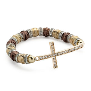 Stretch Bracelet Cross - Two Tone - Mimmic Fashion Jewelry
