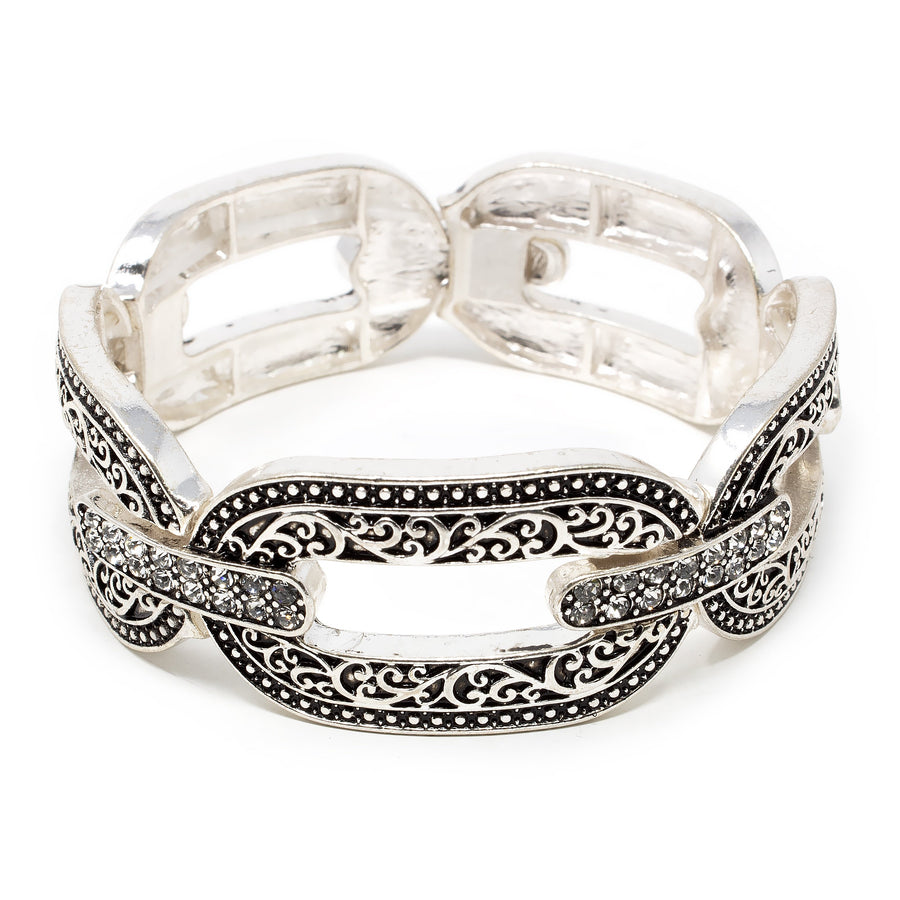 Stretch Bracelet Filigree Links CZ Silver Tone - Mimmic Fashion Jewelry