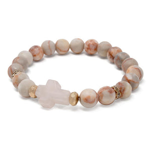Stretch Bracelet Semi Precious Bead Cross Peach - Mimmic Fashion Jewelry