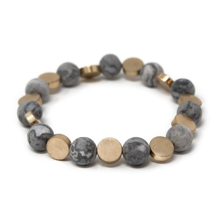 Stretch Bracelet Semi Precious Bead Gold Disc Grey - Mimmic Fashion Jewelry