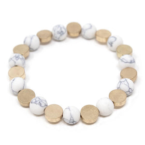 Stretch Bracelet Semi Precious Bead Gold Disc White - Mimmic Fashion Jewelry
