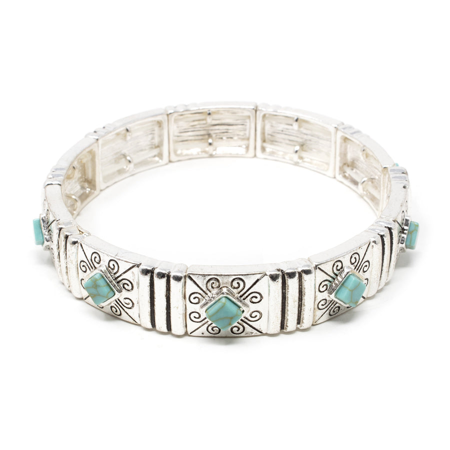 Stretch Bracelet Silver Tone Turquoise Diamond - Mimmic Fashion Jewelry