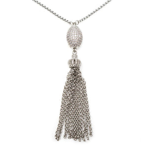 Tassel Necklace CZ Pave Ball Pearl Silver Tone - Mimmic Fashion Jewelry