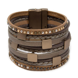Ten String Leather Bracelet Square Accent Gold Taupe - Mimmic Fashion Jewelry