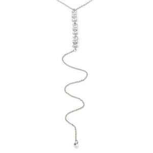 Three CZ Bow Drop Lariat Necklace Rhodium Plated - Mimmic Fashion Jewelry