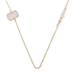 Three Gem Stone Slice/Glass Bead Sta Long Necklace Pink - Mimmic Fashion Jewelry