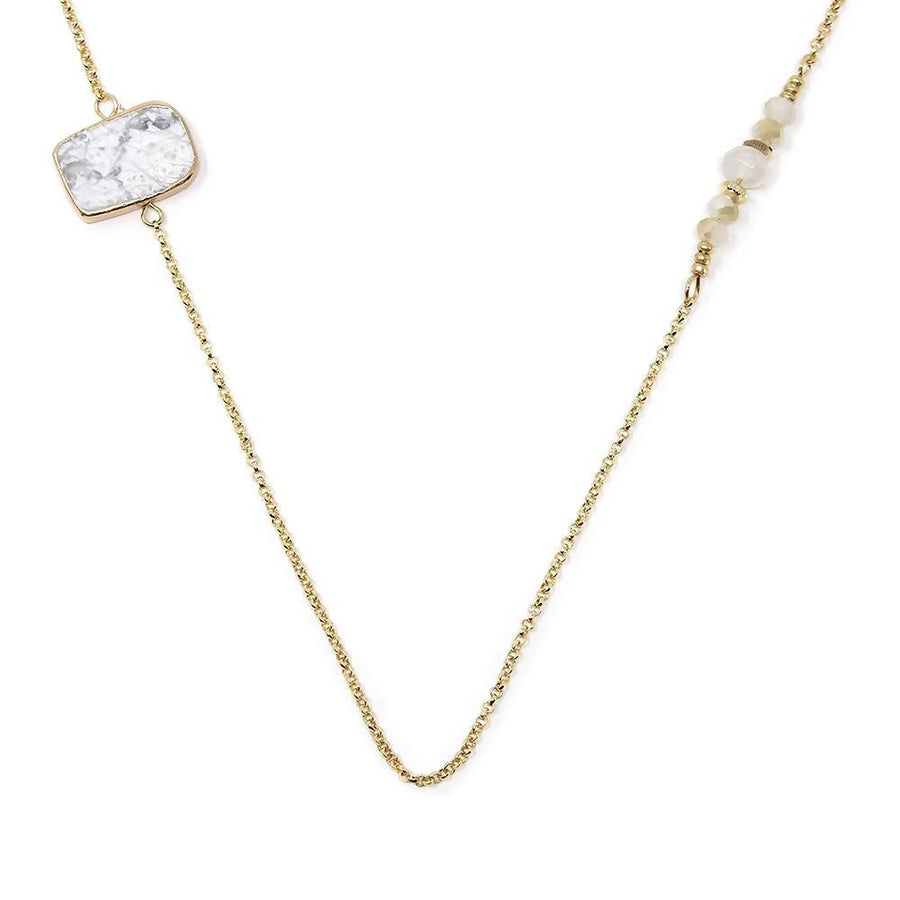 Three Gem Stone Slice/Glass Bead Sta Long Necklace White - Mimmic Fashion Jewelry