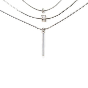 Three Layer Snake Chain Necklace CZ Pave and Bar Drop Rhodium Plated - Mimmic Fashion Jewelry