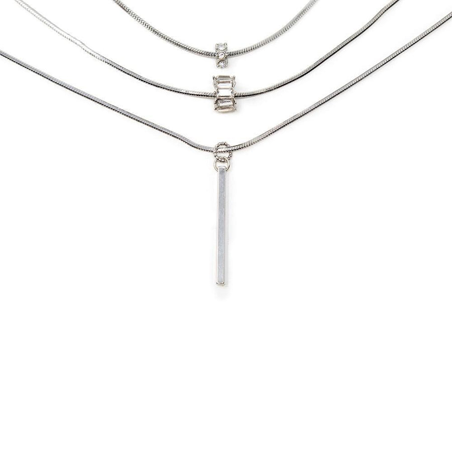 Three Layer Snake Chain Necklace CZ Pave and Bar Drop Rhodium Plated - Mimmic Fashion Jewelry