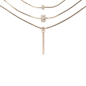 Three Layer Snake Chain Necklace CZ Pave and Bar Drop Rose Gold Plated - Mimmic Fashion Jewelry